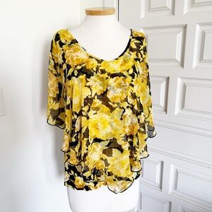 Adele & May Floral Chiffon Overlay Blouse Yellow Black Size Medium